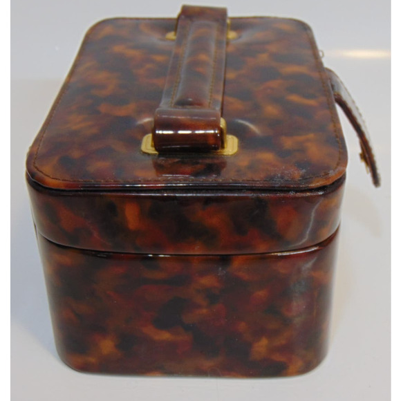 Vintage Travel Jewelry Box Chest Brown Faux Leather Handle Snap Closure Mirror - Picture 10 of 12